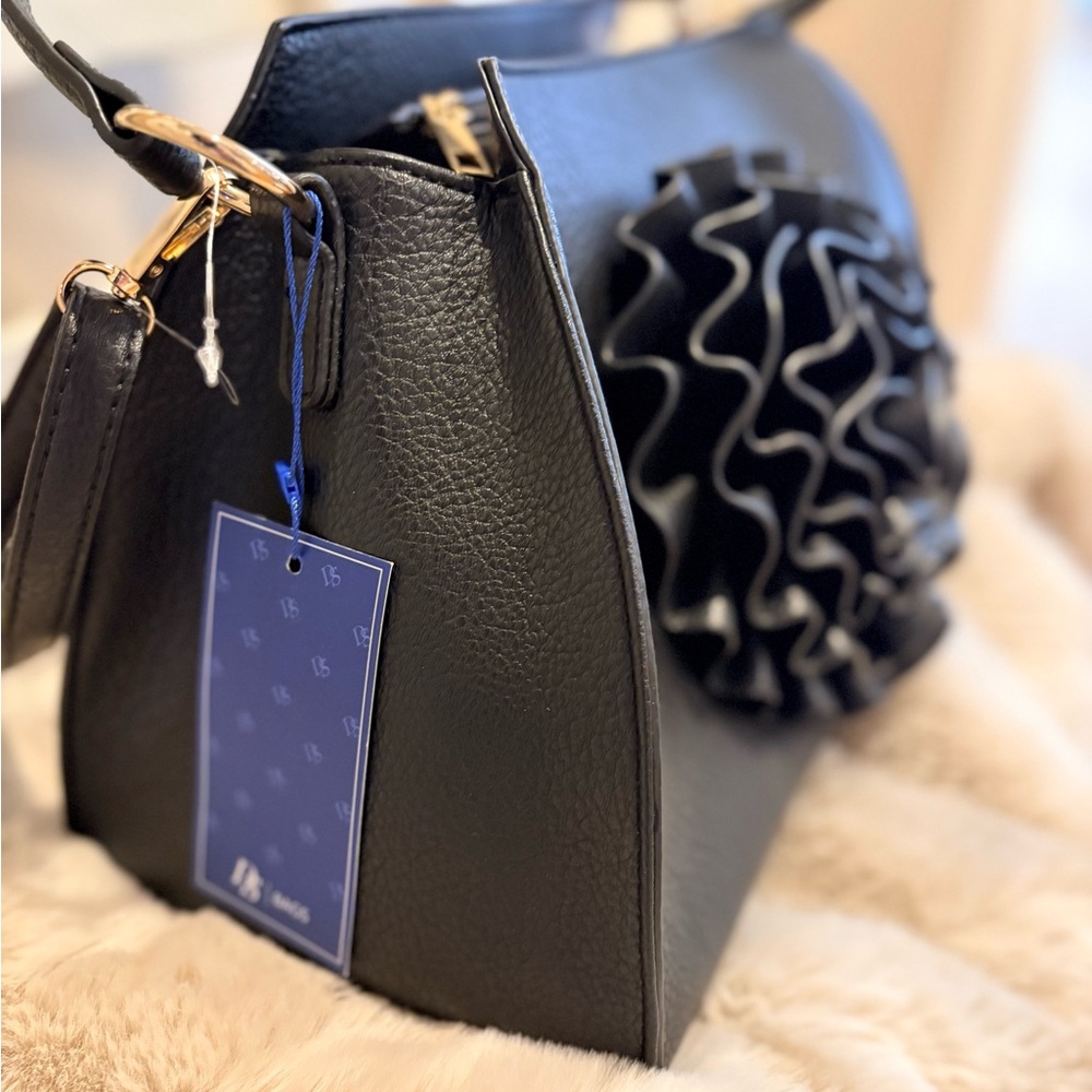 NWT, Elegant Black Leather Bag with Floral Accent, - Picture 3 of 6